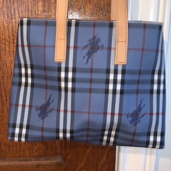 Blue plaid Burberry Tote with trademark horse logo. - Picture 2 of 13